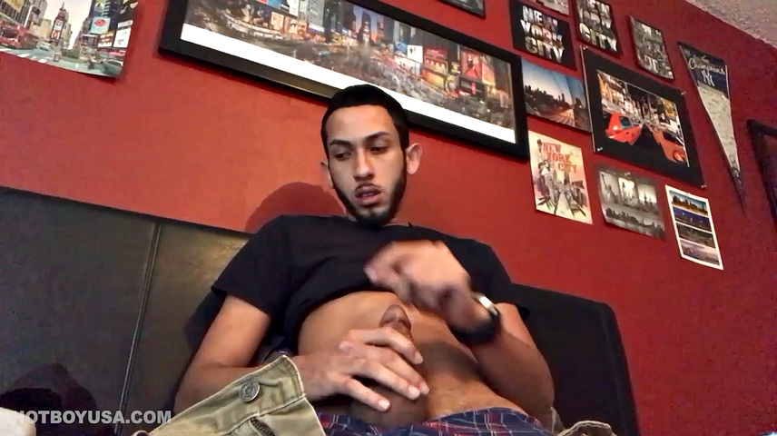 Brian Bonerz starts off in bed, with pants pushed down just enough to release his big stiff cock and balls. He starts stroking and then pauses briefly to remove one of the two shirts he's wearing.