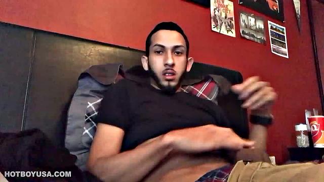 Brian Bonerz starts off in bed, with pants pushed down just enough to release his big stiff cock and balls. He starts stroking and then pauses briefly to remove one of the two shirts he's wearing.