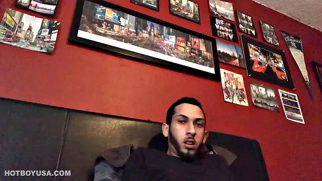 Brian Bonerz starts off in bed, with pants pushed down just enough to release his big stiff cock and balls. He starts stroking and then pauses briefly to remove one of the two shirts he's wearing.