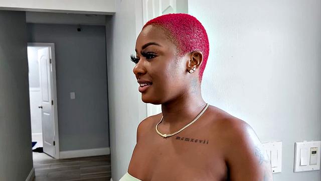 Big Ebony babe with big boobs fucked in IR FFM POV 3some