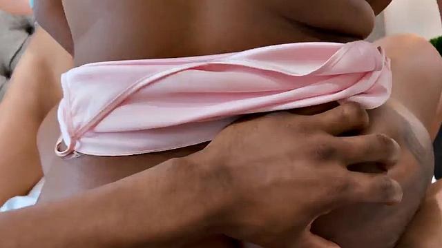 Big Ebony babe with big boobs fucked in IR FFM POV 3some