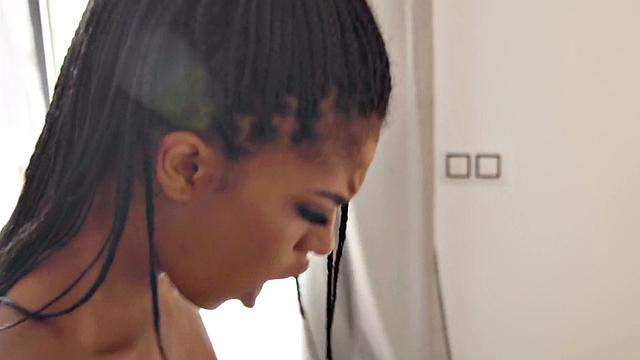 Black huge boobed babe gets banged good and hard on the bed