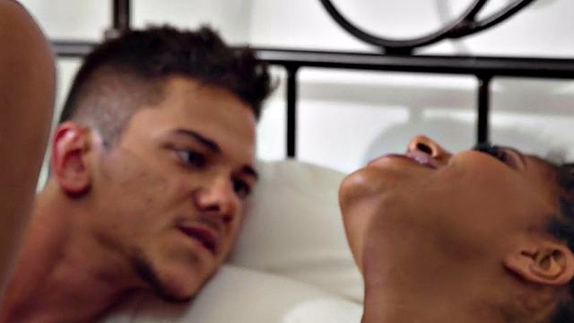 Black huge boobed babe gets banged good and hard on the bed