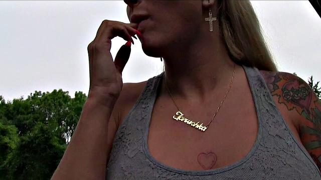 Slutty blonde with big boobs fucking outdoors