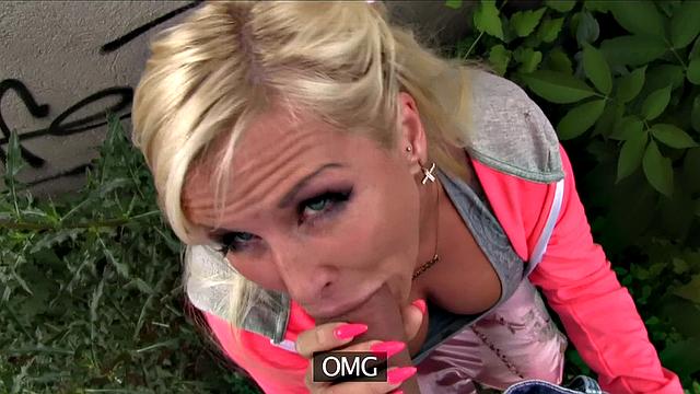 Slutty blonde with big boobs fucking outdoors