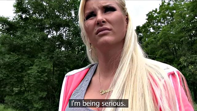 Slutty blonde with big boobs fucking outdoors