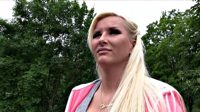 Slutty blonde with big boobs fucking outdoors