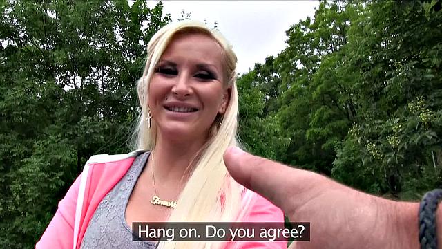 Slutty blonde with big boobs fucking outdoors