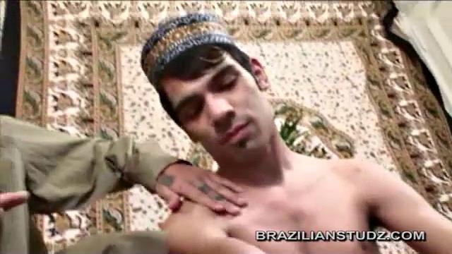 This fantasy Arabian scene features a hot three way between Hakem Khaled, Nasir Badid, and Aban Jadul. The three swap blowjobs, before they get down to some serious fucking. Nasir and Aban each take a turn on Hakem's curved cock.