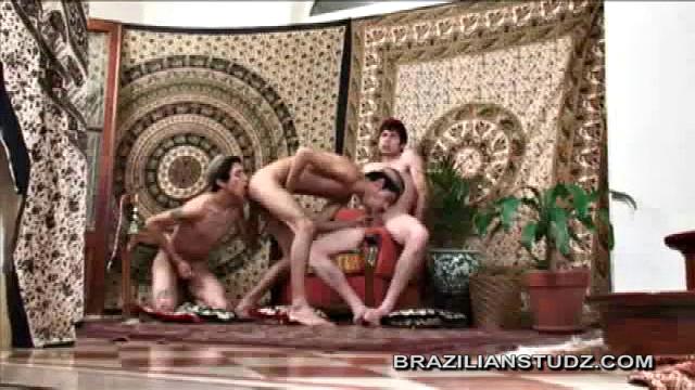 This fantasy Arabian scene features a hot three way between Hakem Khaled, Nasir Badid, and Aban Jadul. The three swap blowjobs, before they get down to some serious fucking. Nasir and Aban each take a turn on Hakem's curved cock.