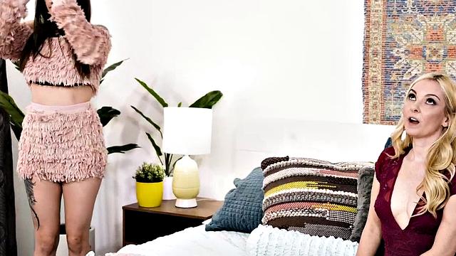 Watch these horny brunettes devour each other's pussies in high heels and bald pussy