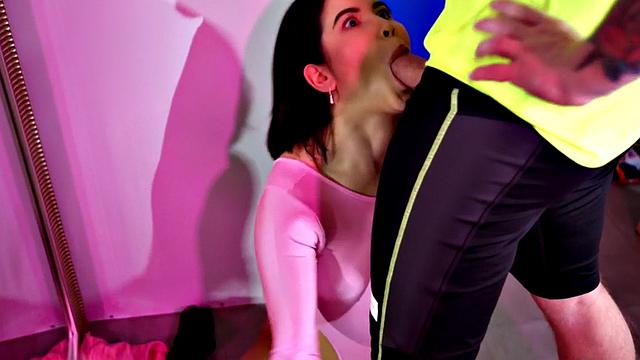 Throating small titted gym lady sucks his cock in 69