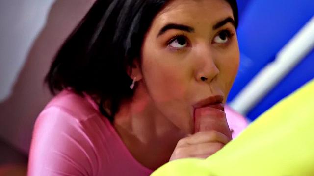 Throating small titted gym lady sucks his cock in 69