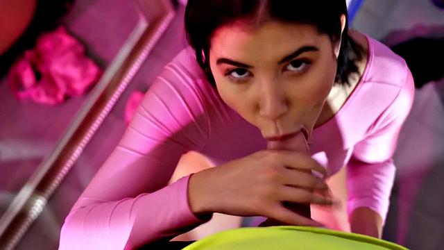 Throating small titted gym lady sucks his cock in 69