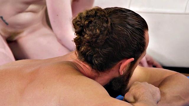 Redhead MILF masseuse oiled up and fucked by client