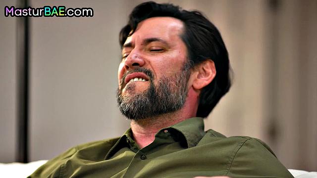 Busty ginger MILF bouncing on lover