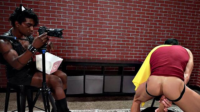 IR bareback for costumed bottom after toying with dildo