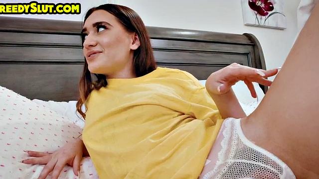 Petite babysitter riding her boss when home alone