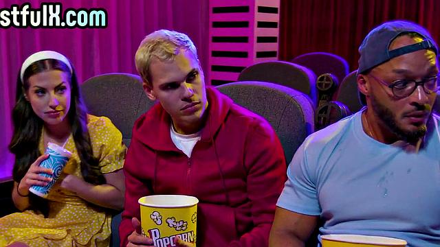 Bisexual babe in cinema 3some with friends