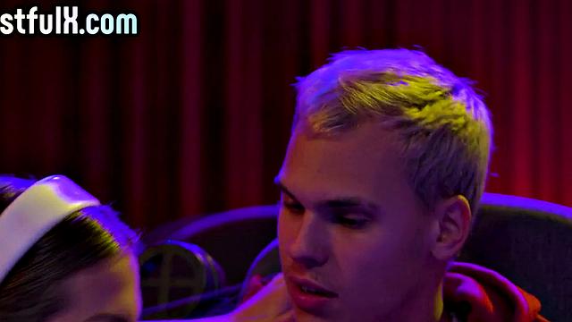 Bisexual babe in cinema 3some with friends