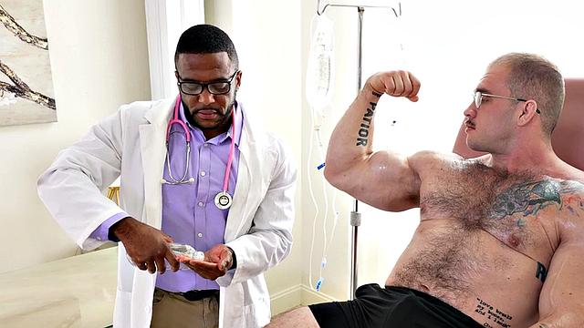 Ebony doctor with muscles fetish jerks hunk in infirmary