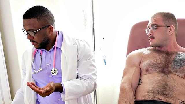 Ebony doctor with muscles fetish jerks hunk in infirmary