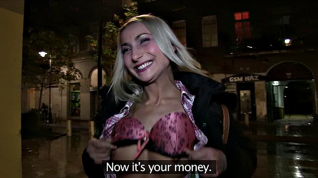 Young blonde with tattoos loves to suck and fuck for cash in public