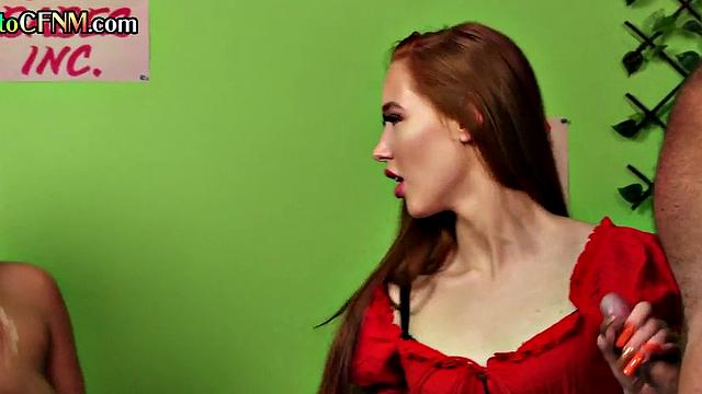 CFNM domina jerks BF with voyeur MILF watching