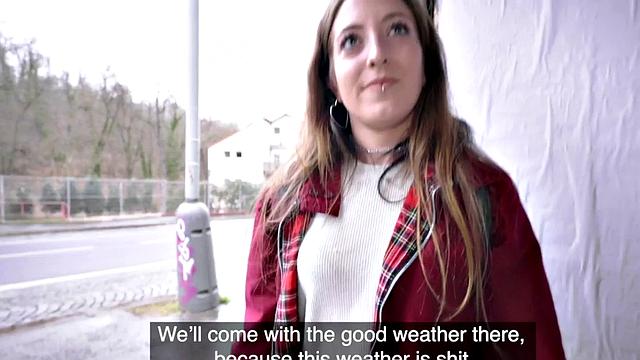 Watch this tattooed babe get her pussy pounded in public for cash