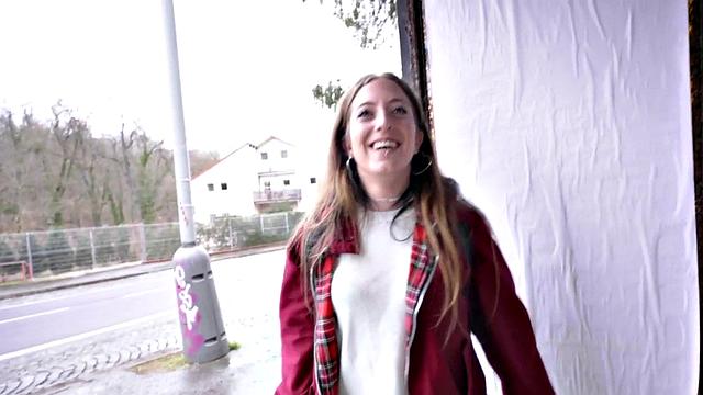 Watch this tattooed babe get her pussy pounded in public for cash