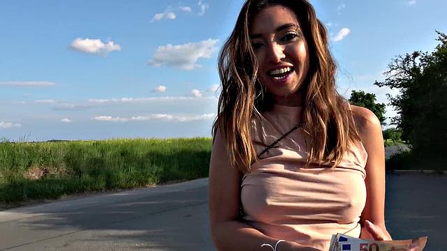 Mexican babe gives a roadside blowjob