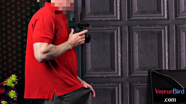 Femdom British voyeur in lingerie teases wanker till cum