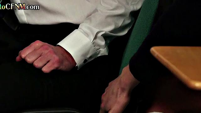 CFNM college babes suck classmate's cock till cumshot