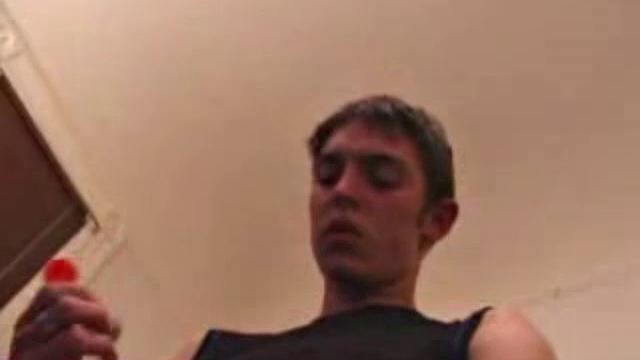 We look in on Brady Walker already naked and stroking his hard cock, just in time to catch him eating his pre-cum. After some fierce stroking, Brady blasts himself in the face with a nice load.