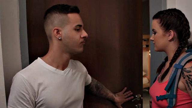 Inked hostel babe got pounded after deepthroat