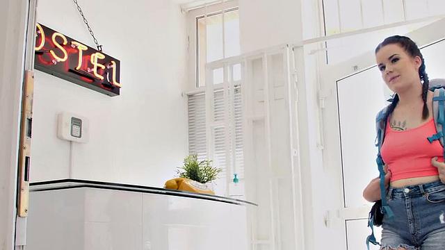 Inked hostel babe got pounded after deepthroat