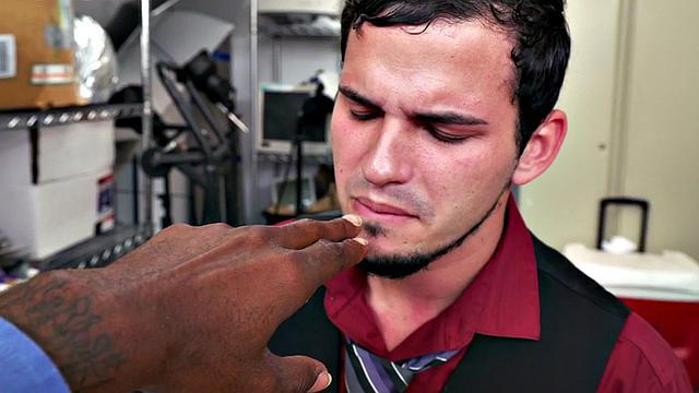 Ebony top bangs white crack of stud bottom in office