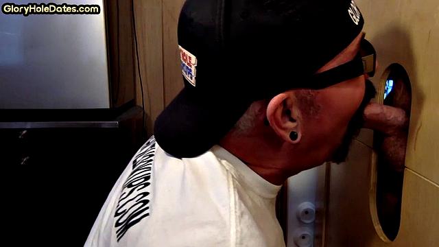 Homemade DILF sucks and wanks through gloryhole