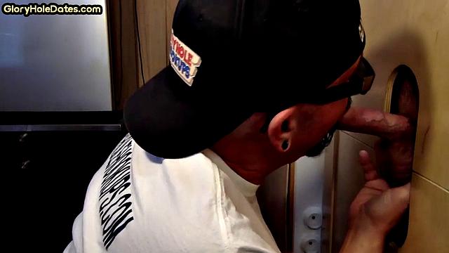 Homemade DILF sucks and wanks through gloryhole