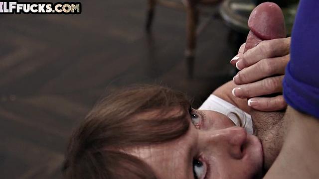 Cockhungry granny riding while sucking in 3some