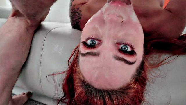 Busty redhead deepthroating and stroking BF's cock