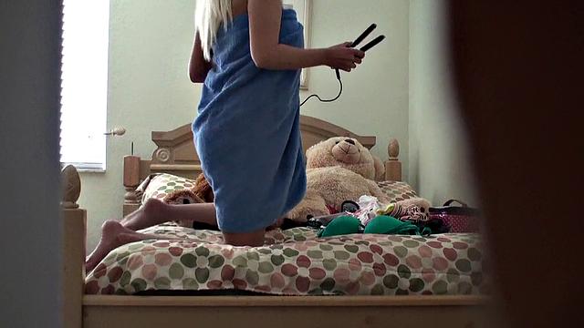 Blonde with a long hair gets fucked hard after a hot shower