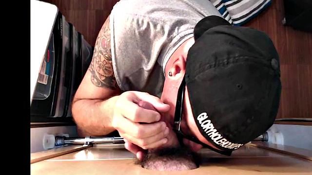 Inked mature mouth spermed after gloryhole blowjob