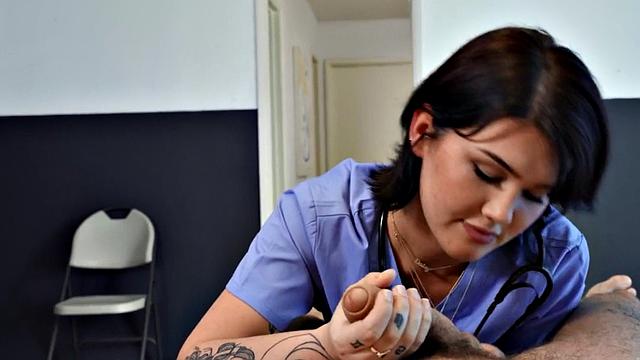 Busty tgirl nurse sucking before sex on hospital bed