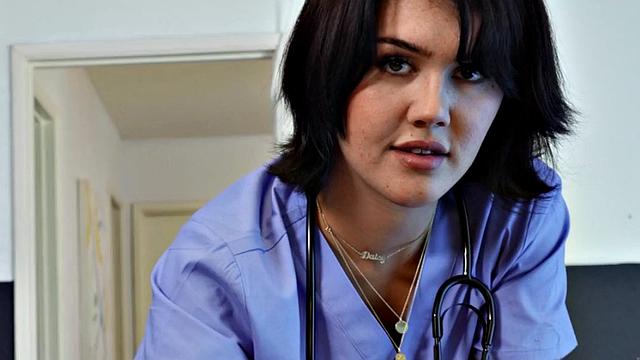 Busty tgirl nurse sucking before sex on hospital bed