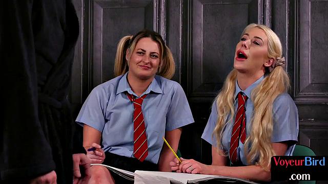 CFNM college uniform voyeurs teasing man who jerks off