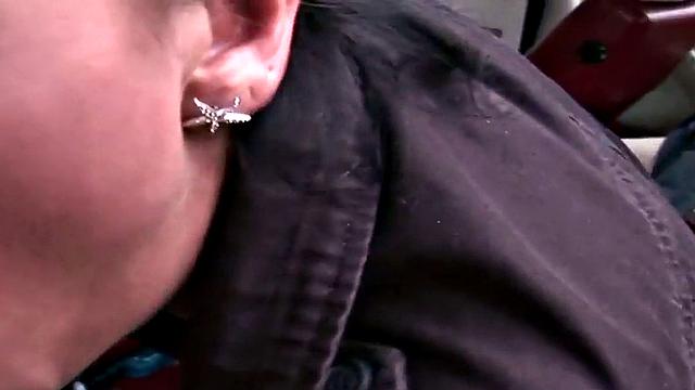 Public cockhungry babe deepthroats and fucks on parking