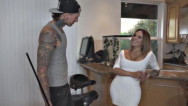 Blonde stepmom with big ass in sexy dress seduces stepson for wild anal ride