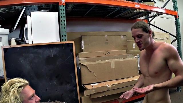 Blond pawnshop bottom fucked in stockroom by owners