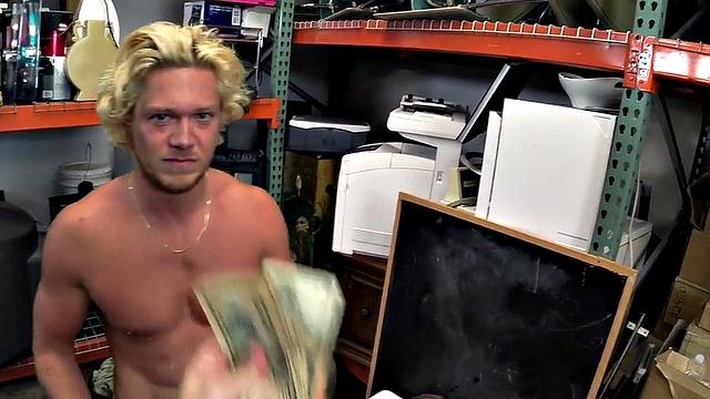 Blond pawnshop bottom fucked in stockroom by owners